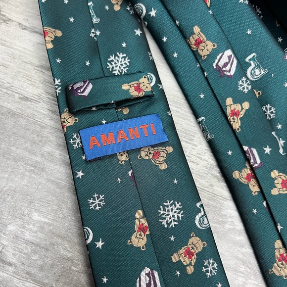 Amanti Green w/ Teddy Bear & Christmas Gift Pattern Skinny Tie - Picture 3 of 5